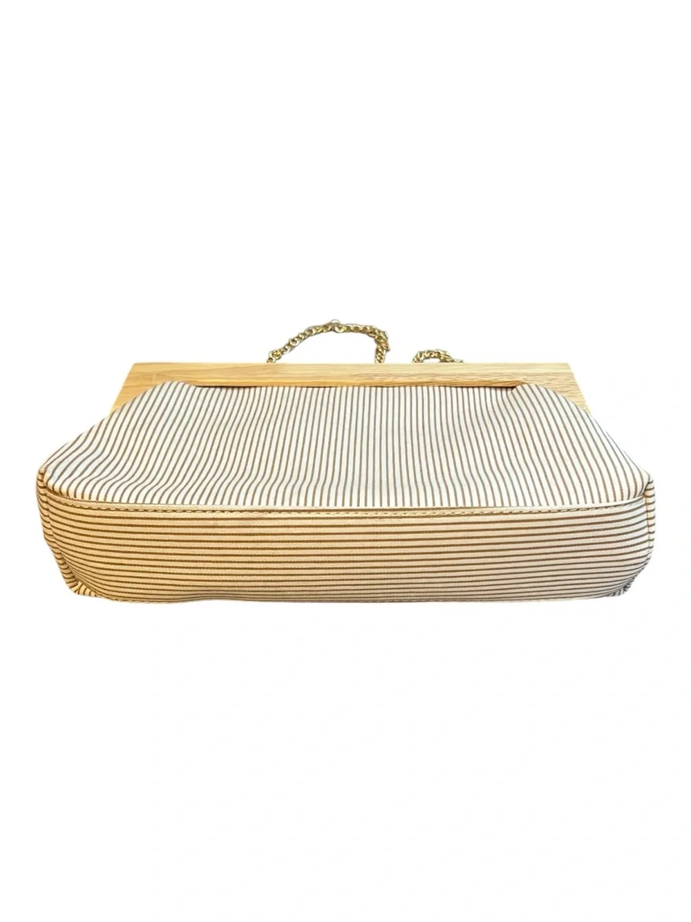 Wood Frame Canvas Crossbody Clutch Beige Tan Striped Removable Chain
